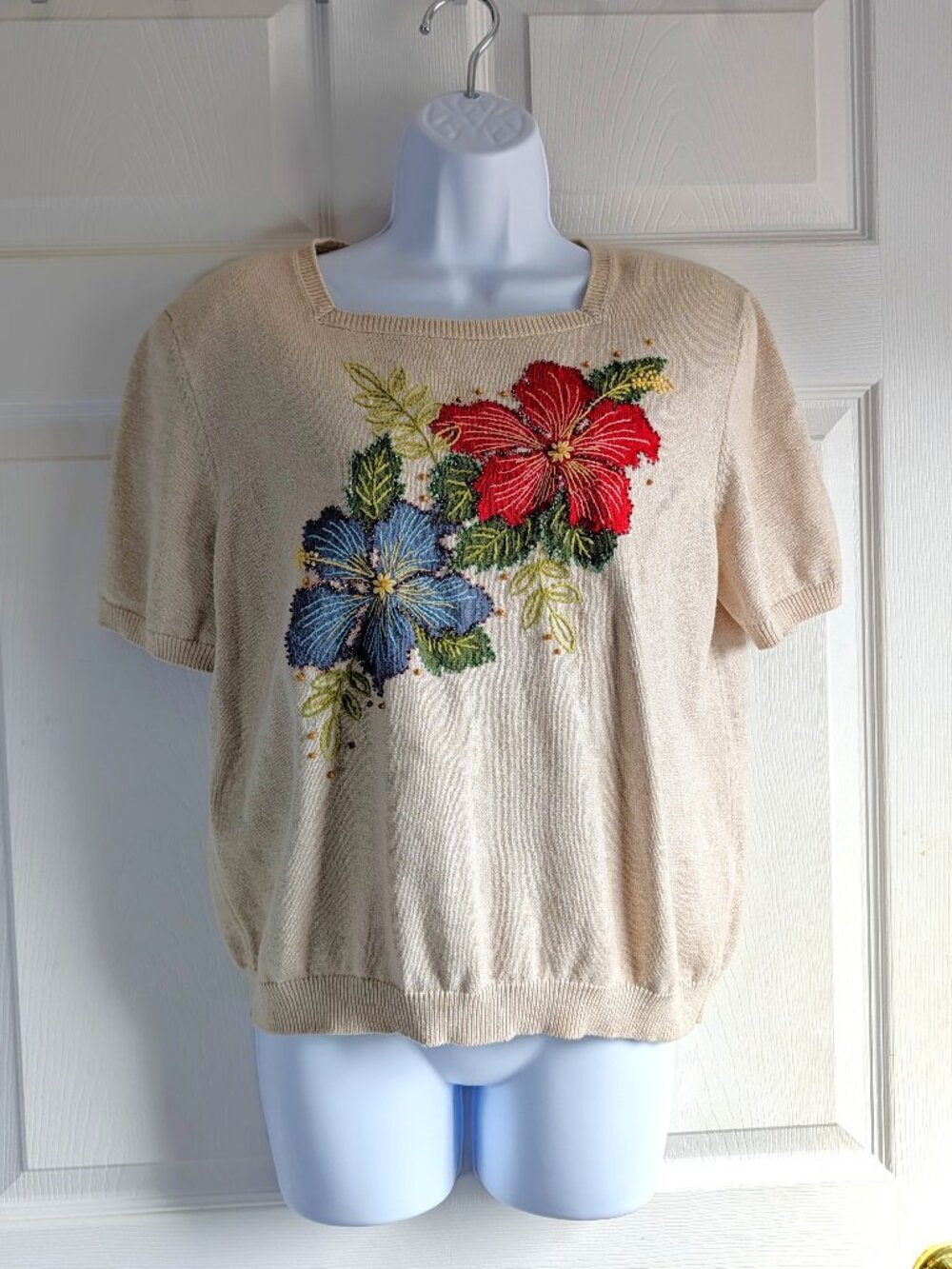 PL Alfred Dunner Vintage Floral Embroidered Short Sleeve Knit Top - Beige